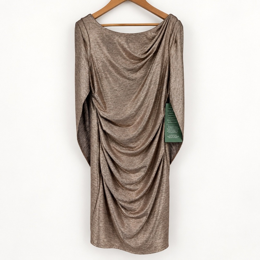 NEW R&M Richards Women 14 Dress Metallic Rose Gold Drape Back Ruched Sheath MOB